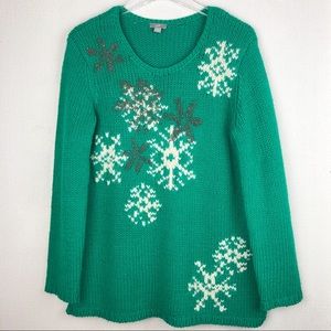 J. Jill Beaded Christmas Snowflake Sweater Green M